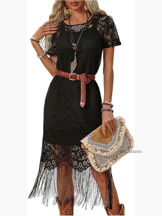 Dresses & Skirts - Women's Western 2 Piece Fringe Dress Set Midi Boho Layered